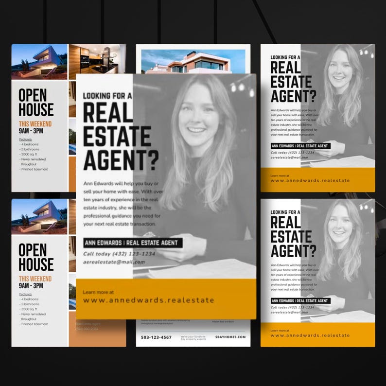 May include: A collection of promotional materials for a real estate agent. The design features a woman's portrait, the text "LOOKING FOR A REAL ESTATE AGENT?", and contact information. The color scheme includes white, black, and orange.