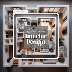 Puede incluir: Una representación arquitectónica de un diseño de interiores moderno. La imagen muestra una planta detallada con arreglos de muebles, incluyendo sofás, sillas y elementos decorativos. El texto "Get your customize Interior Design" está superpuesto.