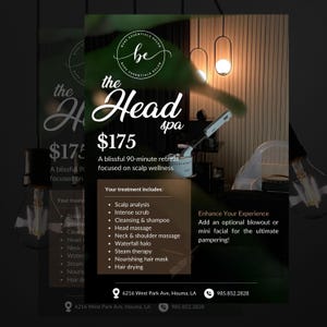 May include: An advertisement for "the Head spa" with the price of $175. The ad lists treatment options including scalp analysis, intense scrub, and head massage. The spa is located at 6216 West Park Ave, Houma, LA.