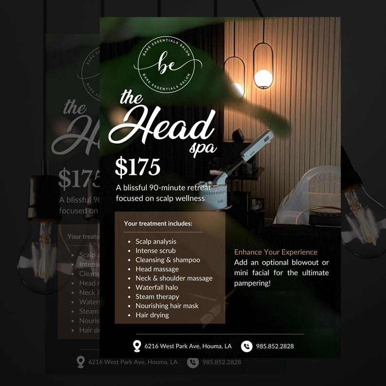 May include: An advertisement for "the Head spa" with the price of $175. The ad lists treatment options including scalp analysis, intense scrub, and head massage. The spa is located at 6216 West Park Ave, Houma, LA.