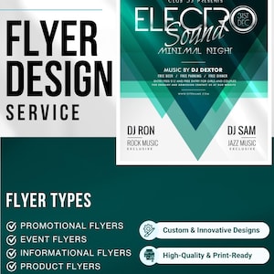 May include: A teal and white flyer design service advertisement. The flyer includes the text "FLYER DESIGN SERVICE" and lists flyer types. A second flyer promotes an "Electro Sound Minimal Night" event with DJ names and event details.