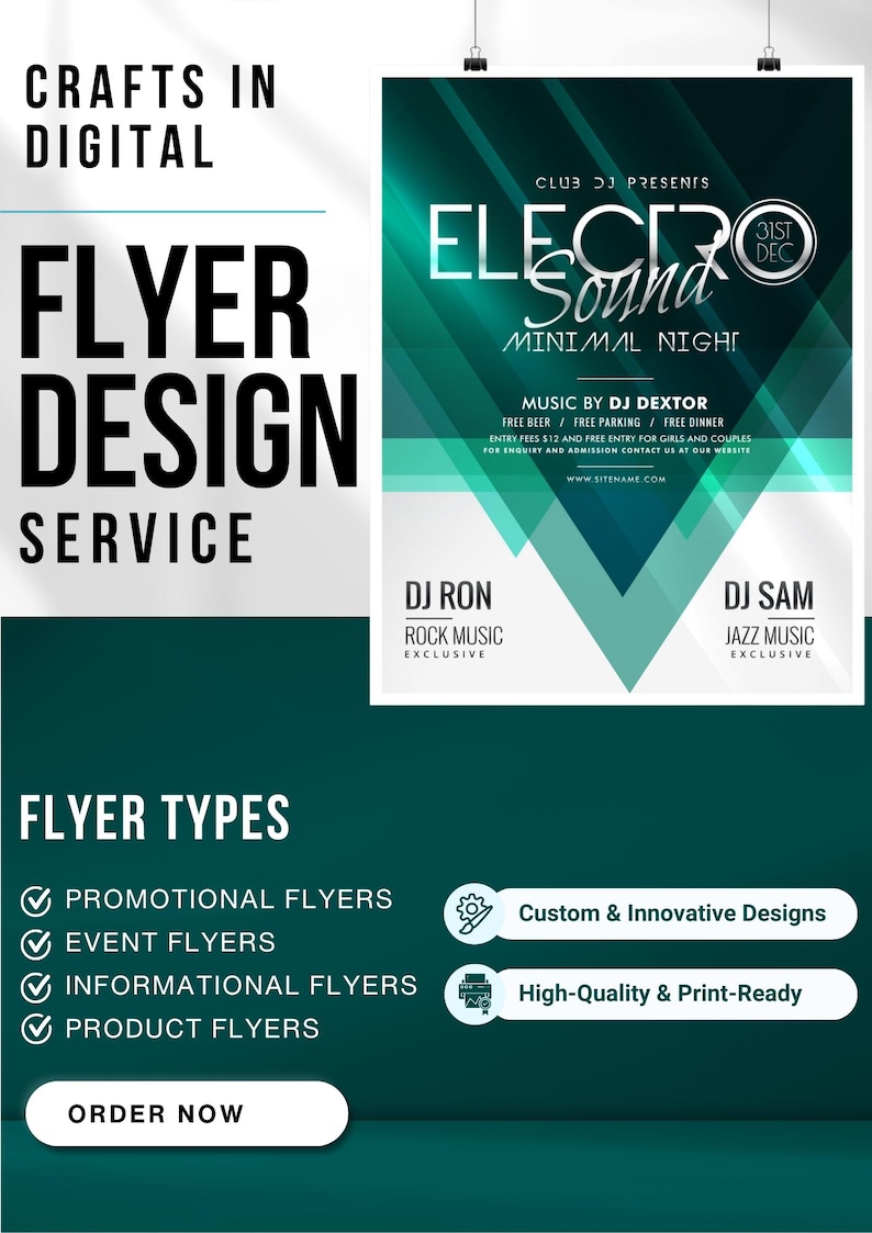 May include: A teal and white flyer design service advertisement. The flyer includes the text "FLYER DESIGN SERVICE" and lists flyer types. A second flyer promotes an "Electro Sound Minimal Night" event with DJ names and event details.