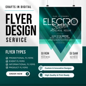 May include: A teal and white flyer design service advertisement. The flyer includes the text "FLYER DESIGN SERVICE" and lists flyer types. A second flyer promotes an "Electro Sound Minimal Night" event with DJ names and event details.