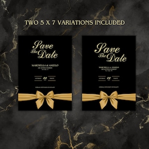 Może przedstawiać: Dwie czarne i złote karty z zaproszeniem na ślub z kokardką w kolorze złotym na każdej. Tekst na kartach brzmi "Save the Date" z imionami "Marchella & Angelo" i datą "28".