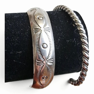 Lot of 2 Vintage Navajo Signed J Sterling Silver Cuff Bracelets Rope Stamped Stack W/Gift Box