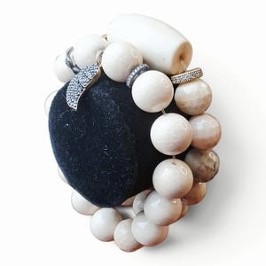 Handmade Cream Zebra Jasper Bracelet Set, 12mm and 11.8mm Beaded Stretch Bracelets, Sterling Silver Feather Charm, Stacking Pair, Gift Boxed