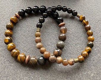 Obsidian - Tiger's Eye and Petrified Wood Bracelet