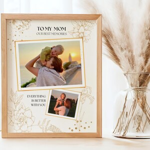 arte de parede com moldura de colagem personalizada, presente de mãe de filha ou filho, presente de dia das mães, presente de aniversário, modelo Canva para impressão, flor dourada