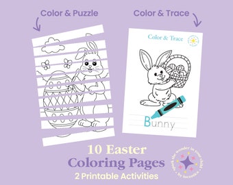 Pacchetto con 10 pagine da colorare stampabili di Pasqua: colora e puzzle, traccia e colora. Attività di Pasqua per bambini! Scaricamento digitale. Libro da colorare