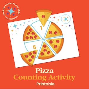 Könnte beinhalten: Eine druckbare Pizza-Zähl-Aktivität für Kinder. Das Bild zeigt eine Pizza, die in sechs Stücke mit Pepperoni auf jedem Stück aufgeteilt ist. Die Zahl 5 ist auf einem Stück geschrieben und die Zahl 1 ist auf einem anderen Stück geschrieben.