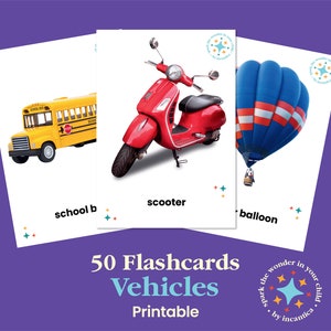 50 Vehicle Flashcards: Educational Learning, Instant Download! Montessori, Realistic images Transportation Nomenclature Cards, Printable PDF