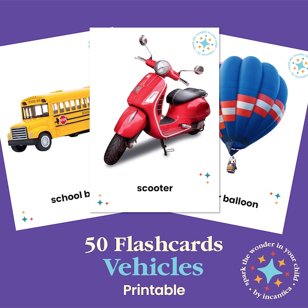 50 Vehicle Flashcards: Educational Learning, Instant Download! Montessori, Realistic images Transportation Nomenclature Cards, Printable PDF