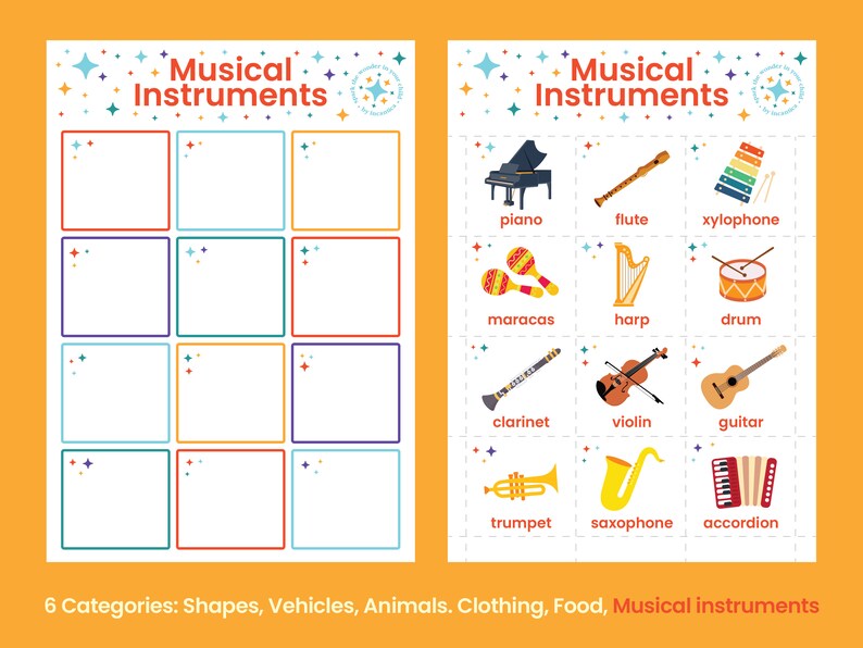 Printable Interactive Sorting Game. Six Categories Shapes, Vehicles, Animals, Clothing, Food
