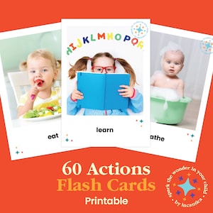 Paquete de tarjetas flash de acción imprimibles: 60 tarjetas para el aprendizaje de los niños, actividades preescolares, juegos educativos, palabras de acción, ¡descarga instantánea!