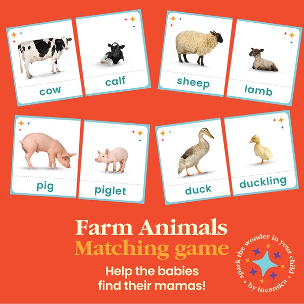 Farm Animal Matching Game: 10 Pairs Mother & Baby Animals, 10 Puzzles, Educational Matching Activity for Toddlers, Preschoolers, Montessori