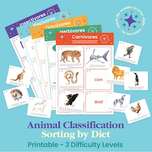 Op de afbeelding: Een set met printbare dierenclassificatiekaarten voor kinderen. De kaarten bevatten kleurrijke illustraties van dieren en zijn onderverdeeld in categorieën: insecteneters, viseneters, alleseters, planteneters en vleeseters. De kaarten zijn ontworpen om kinderen te helpen leren over verschillende diëten van dieren en hoe ze dieren kunnen classificeren op basis van wat ze eten. De kaarten maken deel uit van een grotere set educatief materiaal dat is ontworpen om de verwondering in uw kind te stimuleren.