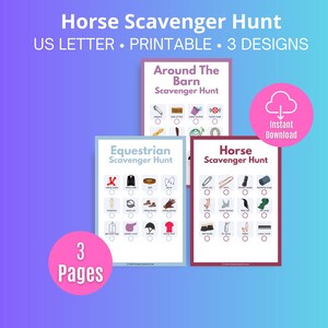 May include: Three printable scavenger hunt game cards for a horse themed party. The cards are titled "Around the Barn Scavenger Hunt", "Equestrian Scavenger Hunt", and "Horse Scavenger Hunt". Each card has a list of items to find with corresponding check boxes.