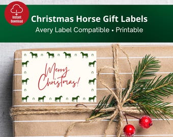 Merry Christmas Horse Gift Labels, Printable Christmas Gift Tag Horse, Gift Labels for Horse Lovers