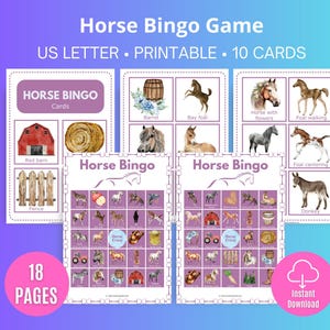 Pferd Bingo Spiel, druckbare Pferd Bingokarten, Pferd Party Spiel, Pferd Geburtstag Spiel, Pferd Lager Spiel