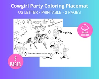 Cowgirl-festmålarunderlägg, målaraktivitet, utskrivbar cowgirl-födelsedagsaktivitet, direktnedladdning