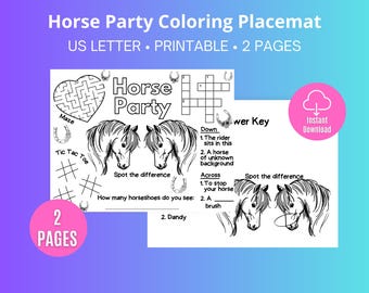 Horse Party Coloring Placemat, Coloring Activity, Printable Horse Birthday Activity, Instant Download