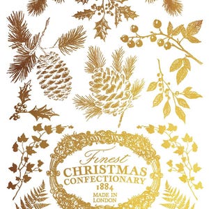 May include: Gold-toned botanical illustrations on a white background. The image features sprigs, pinecones, holly, and a decorative oval frame with the text "Finest Christmas Confectionary 1884 Made in London."