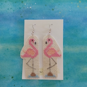 Flamingo Earrings Handmade Cross Stitch statement jewelry pink flamingo unique bold earrings gift for her summer beach vacay apparel