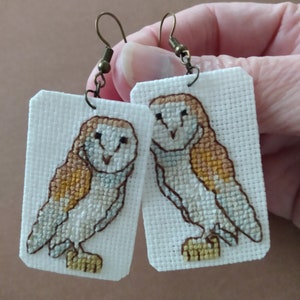 Owl earrings handmade cross stitch barn owl rustic jewelry unique earrings OOAK
