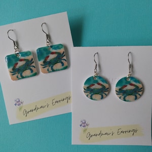 Blue Crab earrings Choose one: Circle or Square beach vacay summer vacation ocean cruise ship jewelry gift for mom grandma crustacean