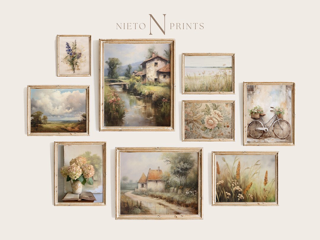 Gallery Wall Art Set of 9 French Country Oil Paintings, Digital ...