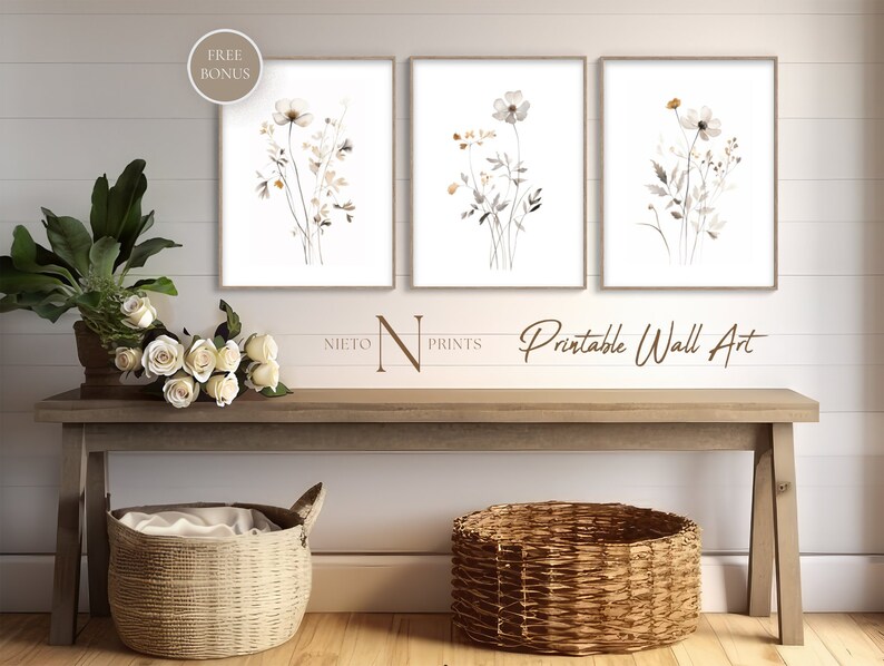 Botanical Triptych Wall Art Digital Download, 3 Panel Floral Print