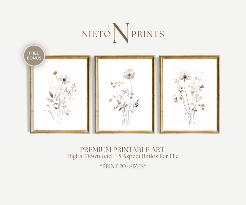 Botanical Triptych Wall Art Digital Download, 3 Panel Floral Print