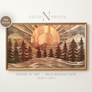 May include: A framed wood art print of a sunrise over a mountain range with a forest of pine trees in the foreground. The print is made of different types of wood, creating a unique and textured look. The text "NIETO N PRINTS" is at the top of the print, and the text "FRAME TV ART | HIGH RESOLUTION 3840 x 2160" is at the bottom.