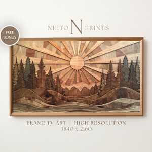 May include: Wooden framed wall art depicting a sunrise over a forest. The artwork uses various wood tones to create the landscape, with a sunburst design at the center. The text "NIETO PRINTS" is at the top.