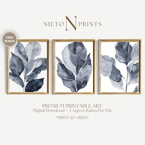 Navy Blue Leaves Wall Art, Watercolor Set of 3, Printable Floral Prints, Farmhouse Home Decor, Minimalist Boho Wall, digital download