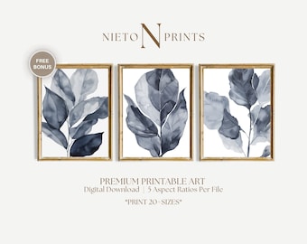 Navy Blue Leaves Wall Art, Watercolor Set of 3, Printable Floral Prints, Farmhouse Home Decor, Minimalist Boho Wall, digital download