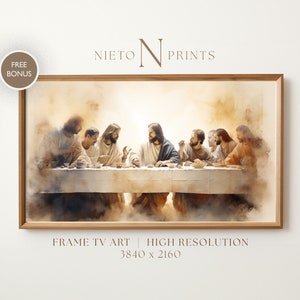 Puede incluir: Una pintura de acuarela de la Última Cena, que representa a Jesús y sus discípulos reunidos alrededor de una mesa. La pintura está enmarcada en un marco de madera claro. El texto "NIETO N PRINTS" es visible en la parte superior de la imagen. El texto "FRAME TV ART | HIGH RESOLUTION 3840 x 2160" es visible en la parte inferior de la imagen.