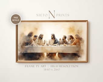 May include: A watercolor painting of the Last Supper, depicting Jesus and his disciples gathered around a table. The painting is framed in a light wood frame. The text "NIETO N PRINTS" is visible at the top of the image. The text "FRAME TV ART | HIGH RESOLUTION 3840 x 2160" is visible at the bottom of the image.