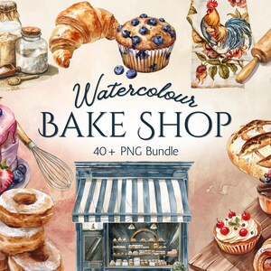 Aquarell Bäckerei Clipart | Back Shop PNG-Bundle | Rustikale Back Illustrationen | Gebäck, Kuchen, Brot & Desserts | Kommerzielle Nutzung