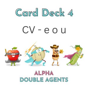 Peut inclure: Fond blanc avec le texte "Card Deck 4" et "CV - e ou". En dessous, quatre personnages de dessins animés : une pomme, un cantaloup, une cacahuète et une courgette. Le texte "ALPHA DOUBLE AGENTS" est en bas.