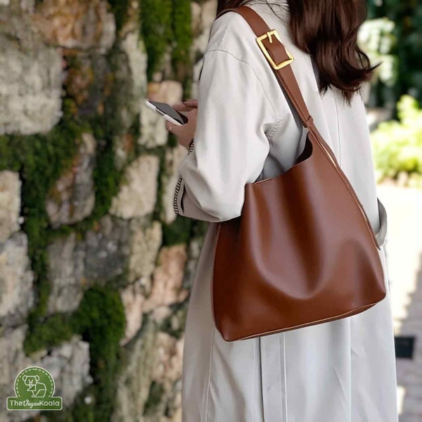 Large Vegan Leather Bag - Vegan Leather Bucket Bag with Zipper, Everyday Bag, Leather Shoulder Bag, Large Soft Leather Crossbody Bag, "Ruby"