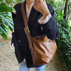 Bolso grande de cuero vegano Bolso cubo de cuero vegano con cremallera, regalo del Día de la Madre, bolso de hombro de cuero, bolso bandolera de cuero suave, Cara Brown