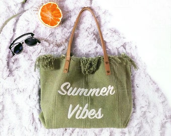 Canvas Beach Bag - Embroided Bag, Travel Tote Bag, Big Bag, Mommy Bag, Large Capacity Shoulder Bag, Vegan Shoulder Bag, Beach Tote, "Summer"