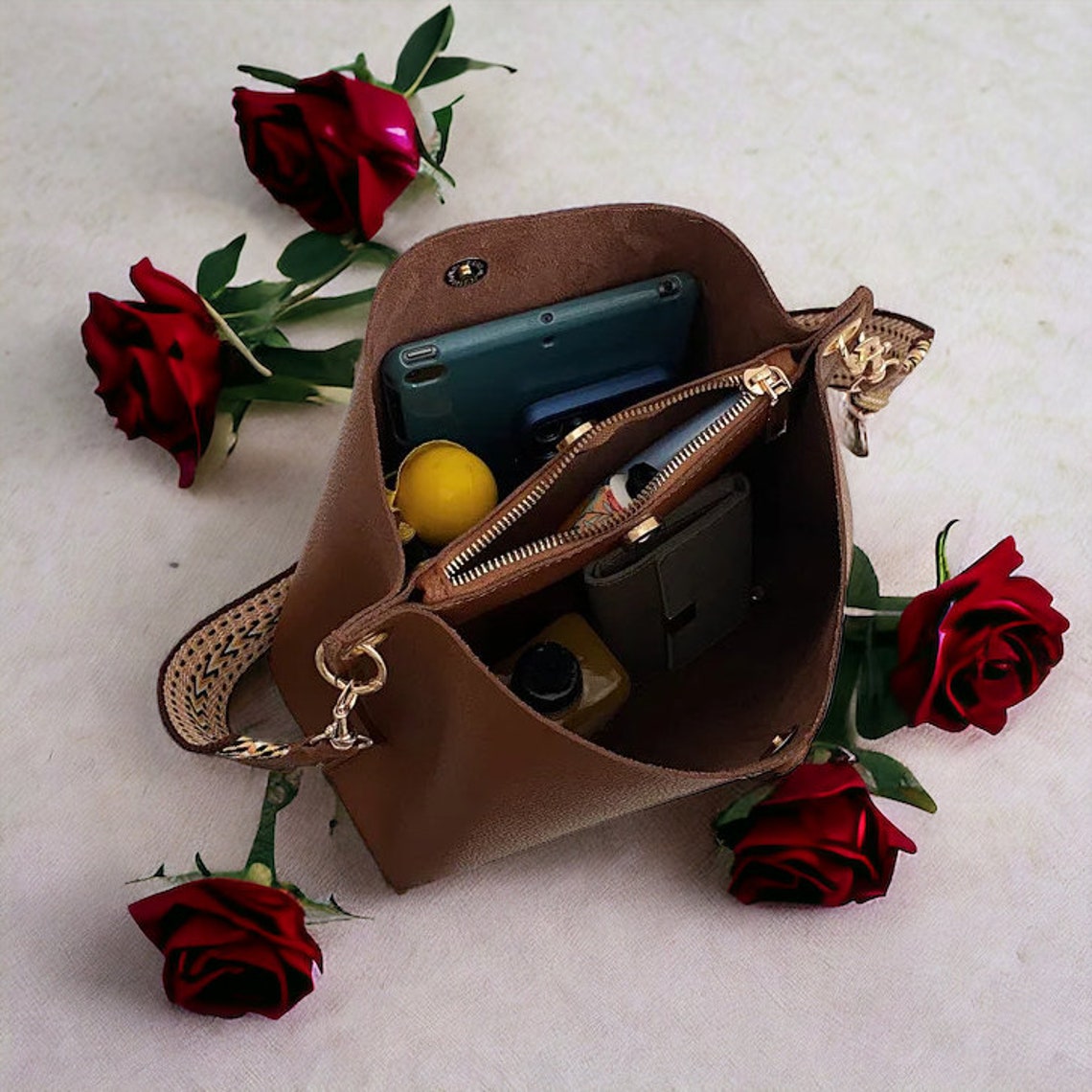 Handmade Vegan Leather Bag Vegan Leather Bucket Bag, Leather Crossbody Bag, Leather Shoulder Bag, Vegan Purse, Handmade Bag, Dusk image 7