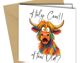 Funny Highland Cow Birthday Card: Rainbow Animal, Milestone Age Personalised