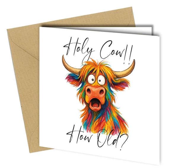 Funny Highland Cow Birthday Card: Rainbow Animal, Milestone Age Personalised