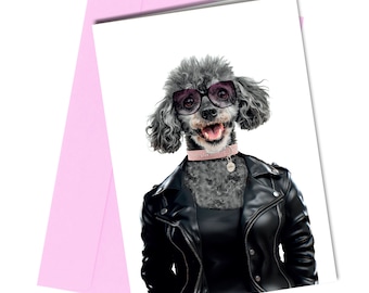 Dog Poodle Funny Birthday Card / Dog Portrait Biker Girl #168c