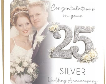 Personalised Silver Anniversary Card Photo Custom 25 Years Wedding - CB061