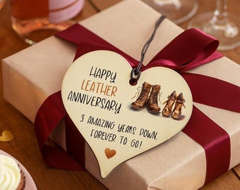 Leather Anniversary Gift 3 Years Hanging Heart Decoration Rustic Couple Keepsake Love Plaque - 1932