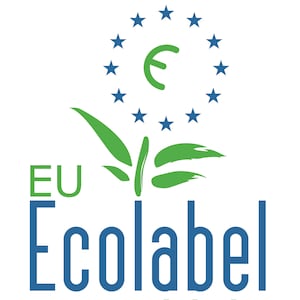 May include: The EU Ecolabel logo, featuring a stylized flower with green leaves and a blue star circle. The text "EU Ecolabel" is in blue and green, indicating environmental certification.